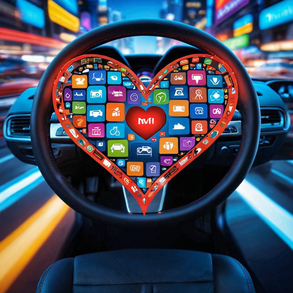 A heart-shaped steering wheel intertwined with vibrant digital marketplace icons, set against a backdrop of speeding cars. The scene radiates excitement, blending automotive passion with online commerce. Include a dynamic skyline with digital elements highlighting the interconnectedness of cars and technology. super-realistic. vibrant colors. dynamic composition.