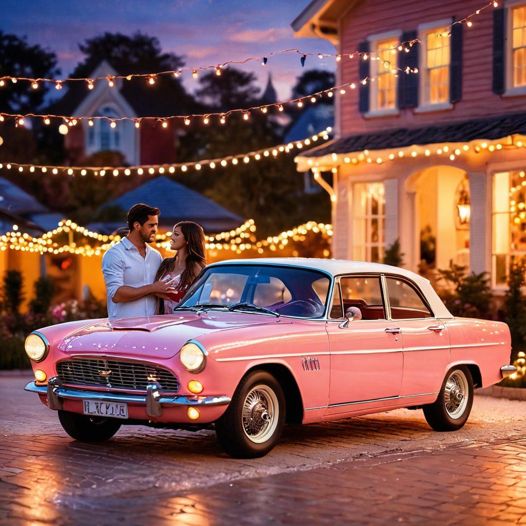 A romantic scene featuring a classic car parked under twinkling fairy lights, with a couple sharing a heartfelt moment inside. Surrounding them are vibrant digital marketplace icons representing online car listings, blending the traditional with the modern. The background showcases a sunset, reflecting warm hues of orange and pink, enhancing the romantic atmosphere. super-realistic. vibrant colors. soft bokeh effect.