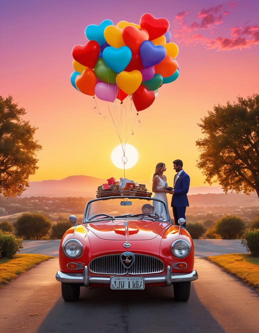 A whimsical scene depicting a couple standing beside a vintage car, joyfully exchanging vows with a scenic sunset in the background. Surrounding them are heart-shaped balloons flying away, with a laptop open on the car hood displaying a heart-shaped profile. The foreground is sprinkled with scattered car keys and love letters. Bright, vibrant colors, emphasizing warmth and romance. super-realistic. vibrant colors.